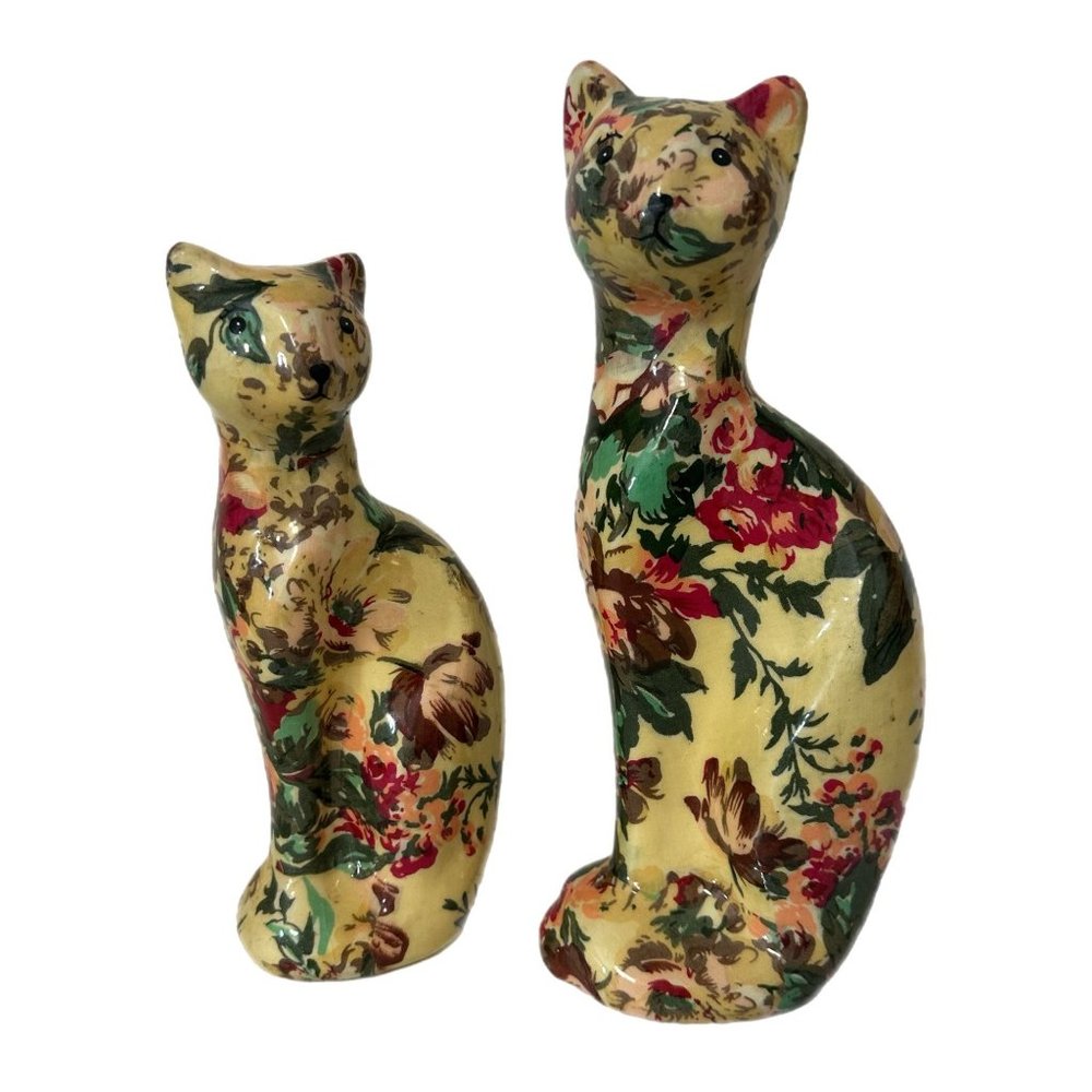 Joan Baker Floral Decoupage Patchwork Porcelain Cat Pair Figurines Vintage RARE